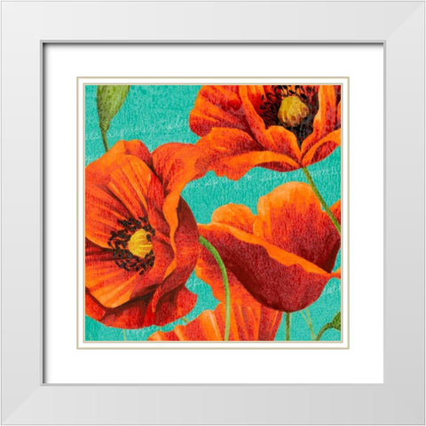 Red Poppies on Teal I White Modern Wood Framed Art Print with Double Matting by Studio W