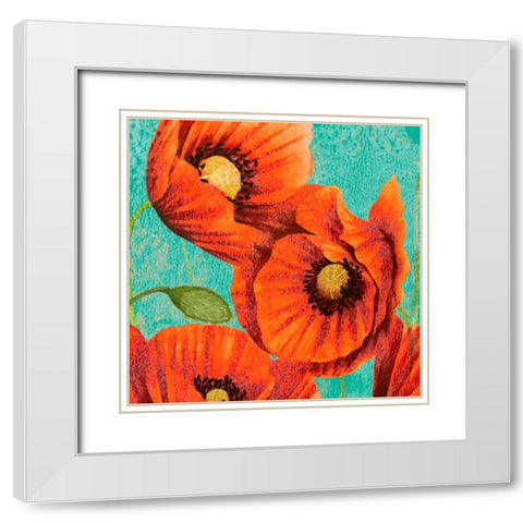Red Poppies on Teal II White Modern Wood Framed Art Print with Double Matting by Studio W