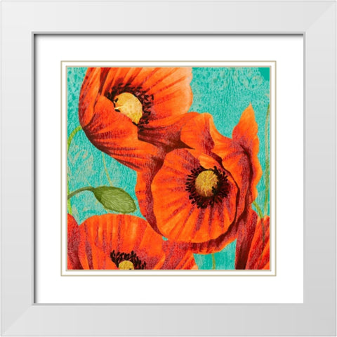 Red Poppies on Teal II White Modern Wood Framed Art Print with Double Matting by Studio W