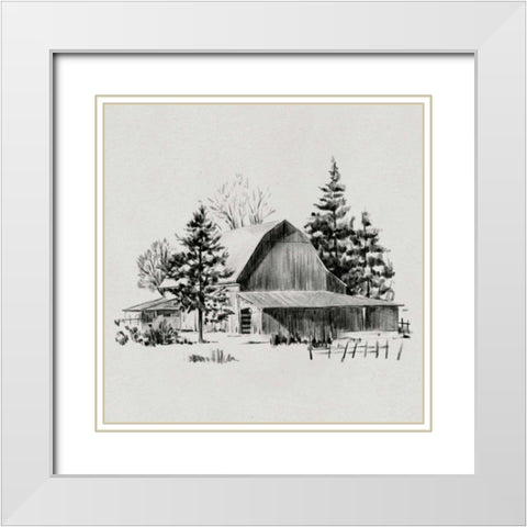 Distant Barn Sketch II White Modern Wood Framed Art Print with Double Matting by Caroline, Emma