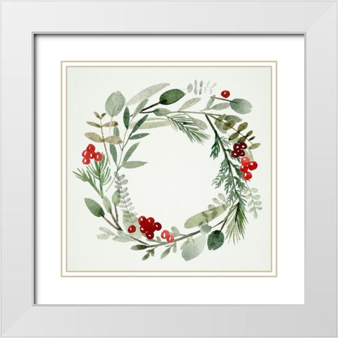 Holly Wreath II White Modern Wood Framed Art Print with Double Matting by Wang, Melissa