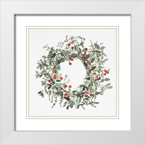 Holly Farmhouse Wreath I White Modern Wood Framed Art Print with Double Matting by Caroline, Emma