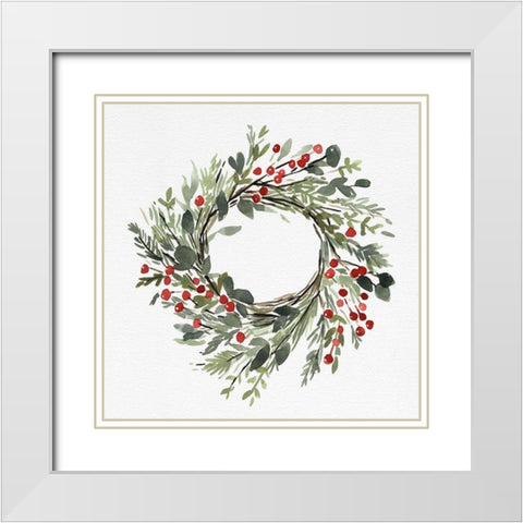 Holly Farmhouse Wreath II White Modern Wood Framed Art Print with Double Matting by Caroline, Emma