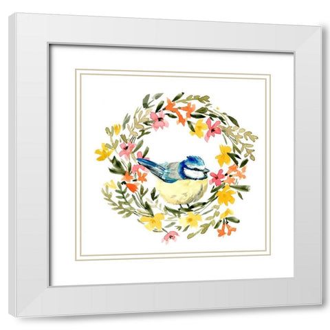 Springtime Wreath and Bird I White Modern Wood Framed Art Print with Double Matting by Caroline, Emma