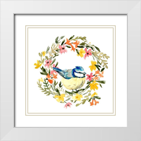 Springtime Wreath and Bird I White Modern Wood Framed Art Print with Double Matting by Caroline, Emma