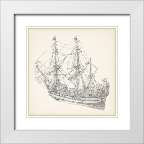 Antique Ship Sketch I White Modern Wood Framed Art Print with Double Matting by Foust, Richard