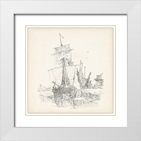 Antique Ship Sketch VII White Modern Wood Framed Art Print with Double Matting by Foust, Richard