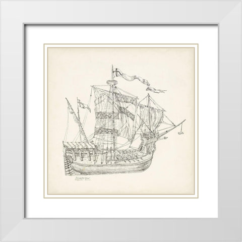 Antique Ship Sketch VIII White Modern Wood Framed Art Print with Double Matting by Foust, Richard