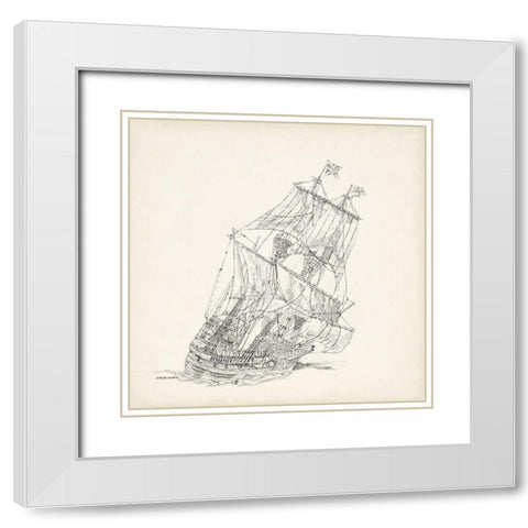 Antique Ship Sketch XI White Modern Wood Framed Art Print with Double Matting by Foust, Richard