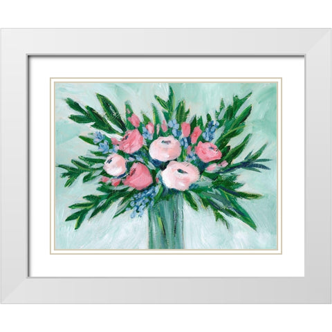 Pink Rosette Bouquet I White Modern Wood Framed Art Print with Double Matting by Moore, Regina