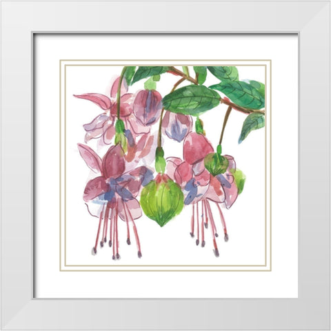 Fuchsias I White Modern Wood Framed Art Print with Double Matting by Wang, Melissa