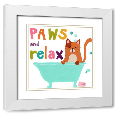 Cute Cat Bath II White Modern Wood Framed Art Print with Double Matting by Vess, June Erica