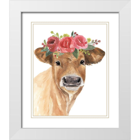 Flowered Cow I White Modern Wood Framed Art Print with Double Matting by Warren, Annie