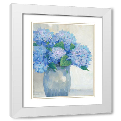 Blue Hydrangeas in Vase I White Modern Wood Framed Art Print with Double Matting by OToole, Tim