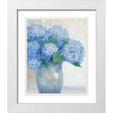 Blue Hydrangeas in Vase I White Modern Wood Framed Art Print with Double Matting by OToole, Tim
