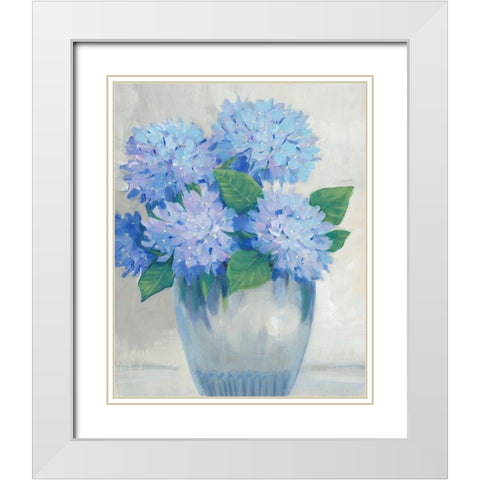 Blue Hydrangeas in Vase II White Modern Wood Framed Art Print with Double Matting by OToole, Tim