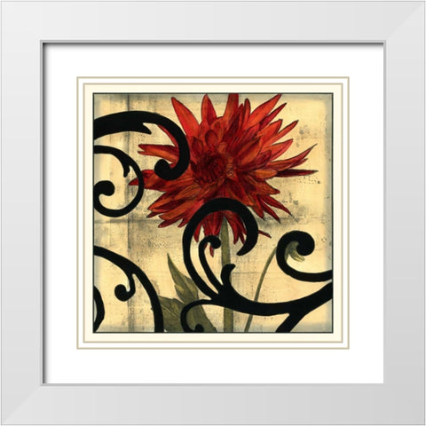 Dahlias and Scrolls II White Modern Wood Framed Art Print with Double Matting by Goldberger, Jennifer