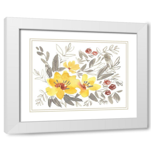 Golden Flower Composition I White Modern Wood Framed Art Print with Double Matting by Goldberger, Jennifer