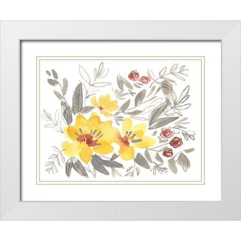 Golden Flower Composition I White Modern Wood Framed Art Print with Double Matting by Goldberger, Jennifer