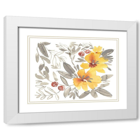 Golden Flower Composition II White Modern Wood Framed Art Print with Double Matting by Goldberger, Jennifer