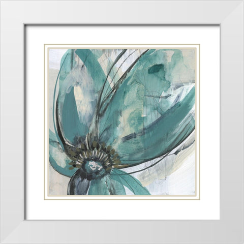 Teal Petals I White Modern Wood Framed Art Print with Double Matting by Goldberger, Jennifer