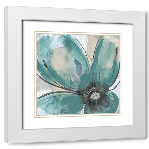 Teal Petals II White Modern Wood Framed Art Print with Double Matting by Goldberger, Jennifer