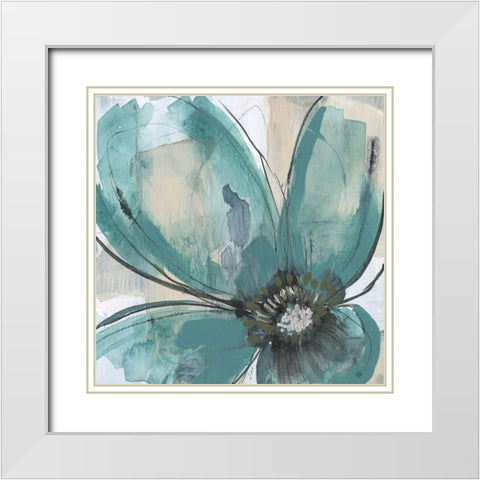 Teal Petals II White Modern Wood Framed Art Print with Double Matting by Goldberger, Jennifer