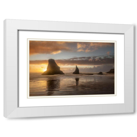 Sunset Sea Stacks White Modern Wood Framed Art Print with Double Matting by Head, Danny
