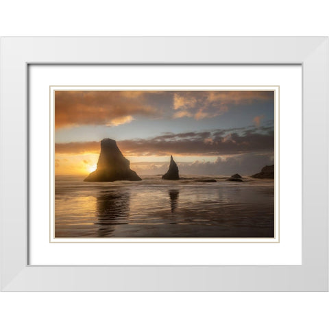 Sunset Sea Stacks White Modern Wood Framed Art Print with Double Matting by Head, Danny
