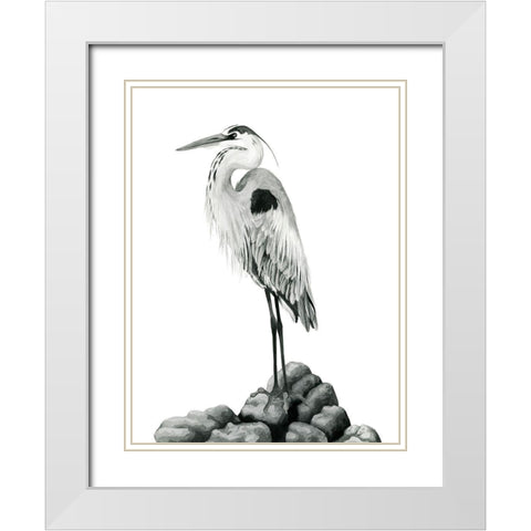 Shoreline Heron in BandW II White Modern Wood Framed Art Print with Double Matting by Popp, Grace