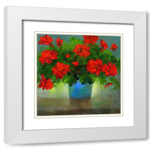 Geraniums I White Modern Wood Framed Art Print with Double Matting by Finch, Sheila