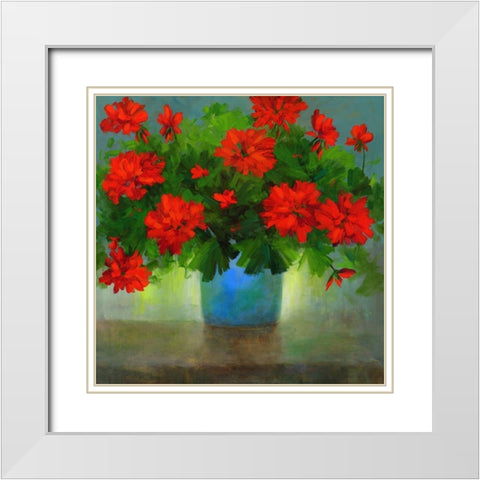 Geraniums I White Modern Wood Framed Art Print with Double Matting by Finch, Sheila