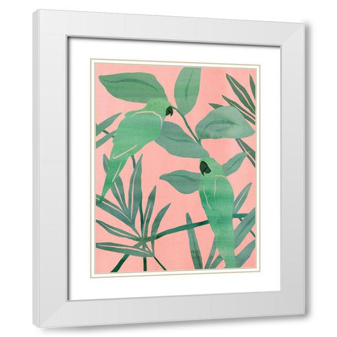 Pink and Green Birds of Paradise I White Modern Wood Framed Art Print with Double Matting by Wang, Melissa