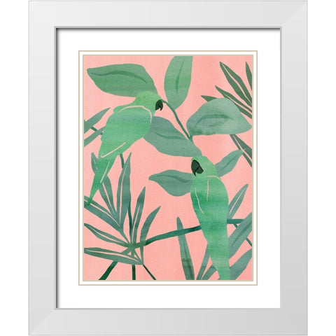 Pink and Green Birds of Paradise I White Modern Wood Framed Art Print with Double Matting by Wang, Melissa