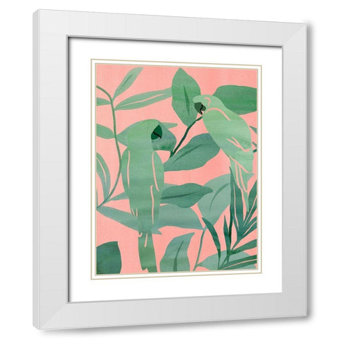Pink and Green Birds of Paradise II White Modern Wood Framed Art Print with Double Matting by Wang, Melissa