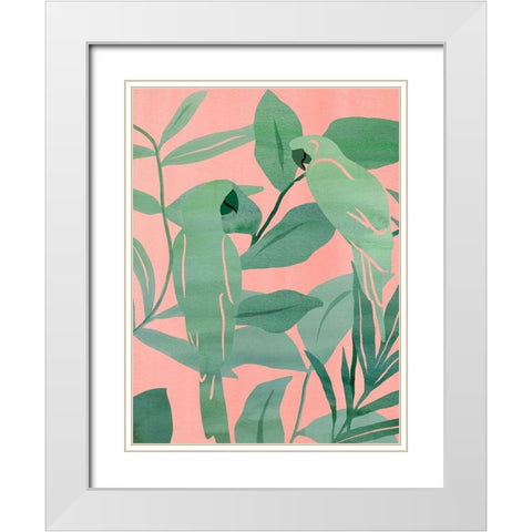 Pink and Green Birds of Paradise II White Modern Wood Framed Art Print with Double Matting by Wang, Melissa