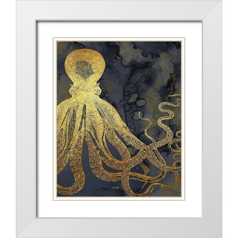 Octopus Ink Gold And Blue I White Modern Wood Framed Art Print with Double Matting by Zalewski, Christine