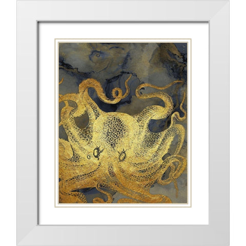 Octopus Ink Gold And Blue II White Modern Wood Framed Art Print with Double Matting by Zalewski, Christine