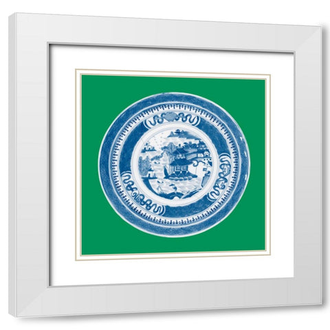Blue Pagoda on Green I White Modern Wood Framed Art Print with Double Matting by Vision Studio