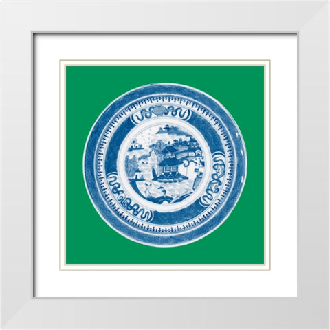 Blue Pagoda on Green I White Modern Wood Framed Art Print with Double Matting by Vision Studio