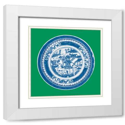 Blue Pagoda on Green II White Modern Wood Framed Art Print with Double Matting by Vision Studio