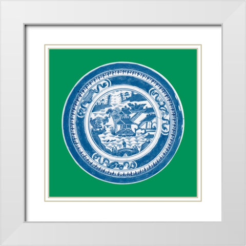 Blue Pagoda on Green II White Modern Wood Framed Art Print with Double Matting by Vision Studio