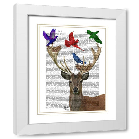 Deer and Birds Nests White Modern Wood Framed Art Print with Double Matting by Fab Funky