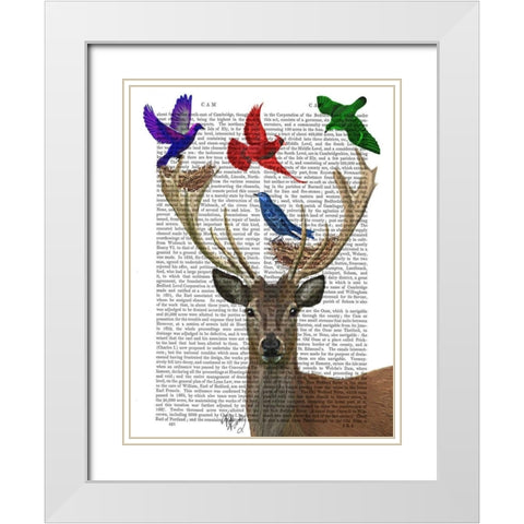 Deer and Birds Nests White Modern Wood Framed Art Print with Double Matting by Fab Funky