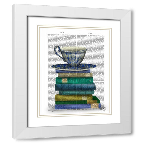 Teacup and Books White Modern Wood Framed Art Print with Double Matting by Fab Funky