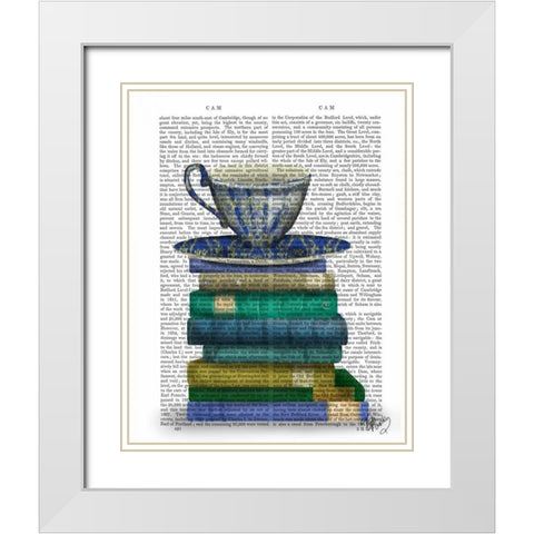 Teacup and Books White Modern Wood Framed Art Print with Double Matting by Fab Funky