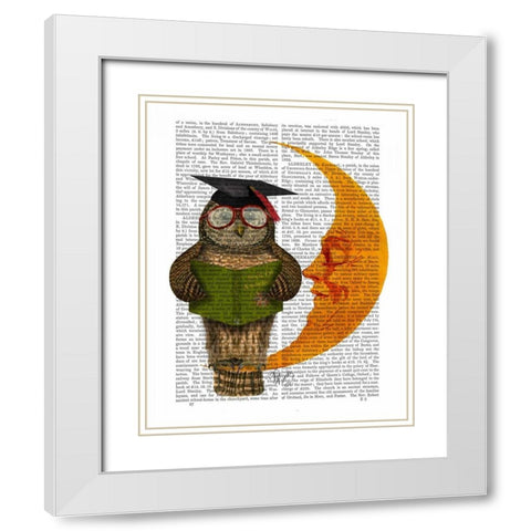 Owl On The Moon White Modern Wood Framed Art Print with Double Matting by Fab Funky