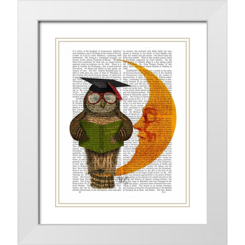 Owl On The Moon White Modern Wood Framed Art Print with Double Matting by Fab Funky