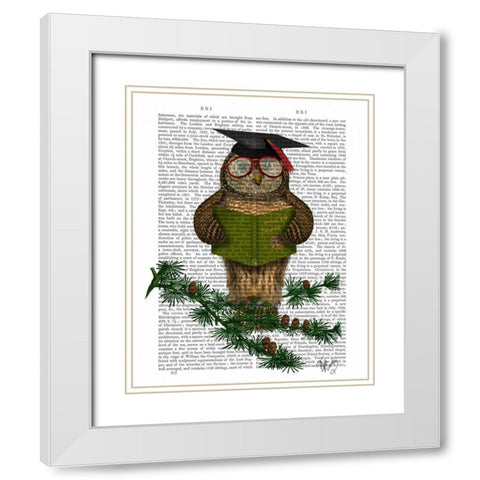 Owl Reading On Branch White Modern Wood Framed Art Print with Double Matting by Fab Funky