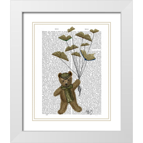 Bear with Book Butterflies White Modern Wood Framed Art Print with Double Matting by Fab Funky